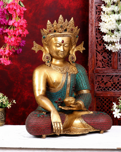 Brassaura® Buddha Crown Bhumisparsha Mudra Idol with Golden & Multi-Color Inlay Finish | Pure Superfine Brass Handcrafted Murti | Brass Statue for Home Temple, Pooja Room | Height 22 Inches | Weight 23.78 Kgs