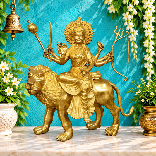 Brassaura® Goddess Durga Seated on Lion Idol with Gold Finish | Handcrafted Murti | Brass Statue | Height 58 Inches | Weight 200 Kgs