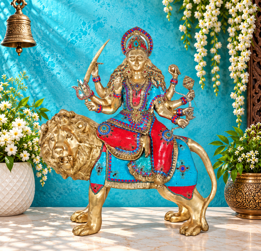 ब्रॉसरिया® माँ दुर्गा सिंह पर जड़ाई के काम के साथ | शुद्ध पीतल | ऊँचाई 43.5 इंच और वज़न 92 किलोग्राम