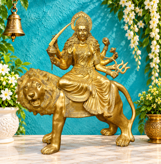 Brassaura® Goddess Durga Seated on Lion Idol with Gold Finish | Handcrafted Murti | Brass Statue | Height 43.3 Inches | Weight 90 Kgs