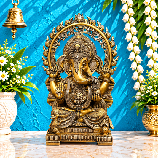 Brassaura® Lord Ganesha Brass Statue with Prabhavali Arch | Divine Remover of Obstacles | Height 21 Inches & Weight 20.6 Kgs