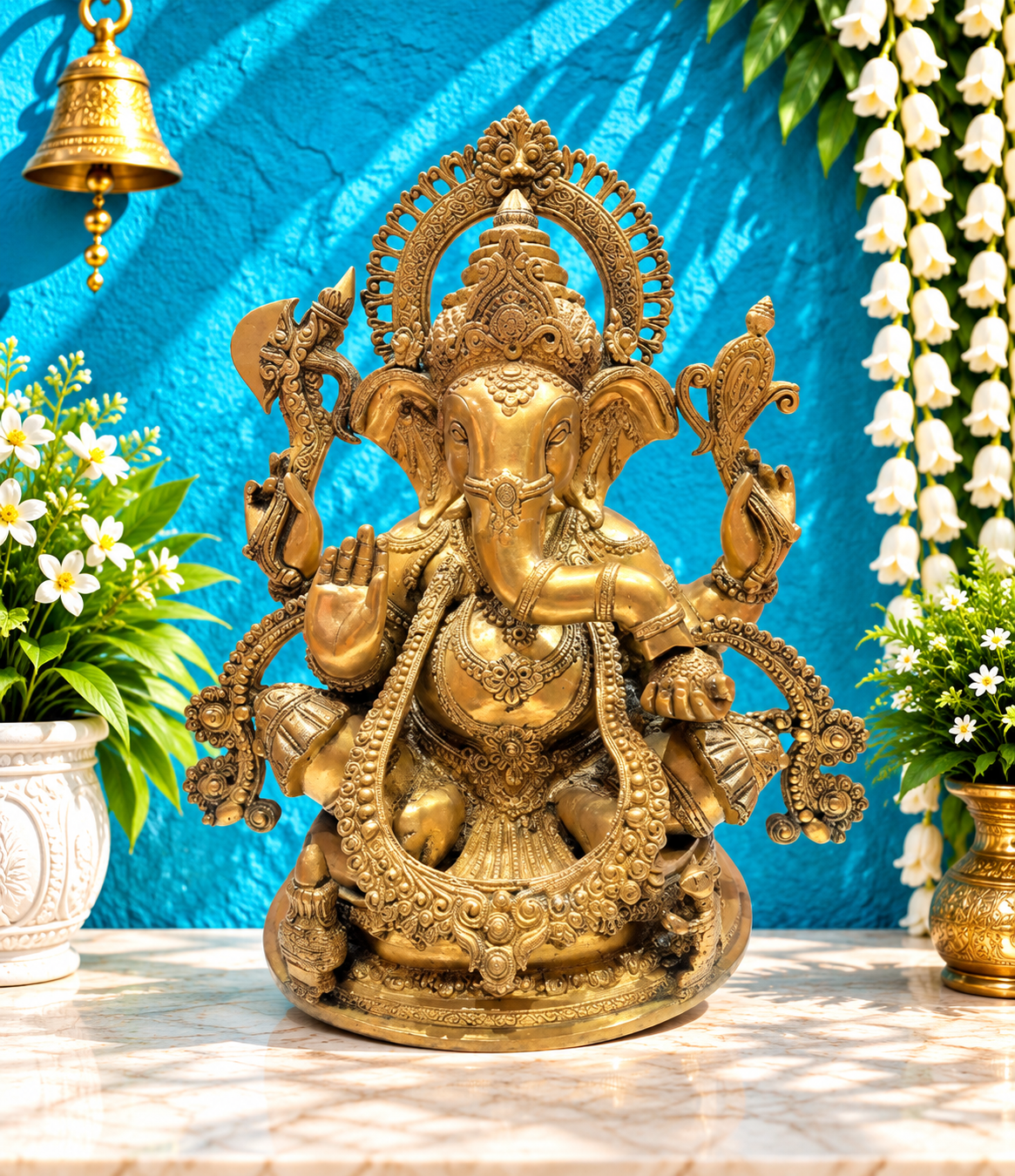 Brassaura® Majestic Seated Lord Ganesha Brass Statue | Intricately Handcrafted Brass Sculpture | Height 19.7 Inches & Weight 24 Kgs