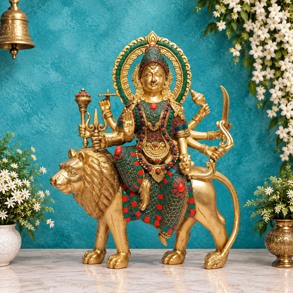 Brassaura® Maa Durga on Lion Statue with Stonework | Brass Divine Sculpture | Height 14.5 Inches & Weight 9.70 Kgs