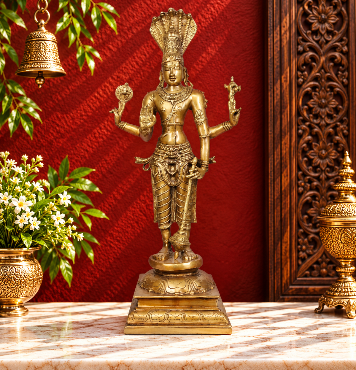 ब्रॉसौरा® भगवान विष्णु की मूर्ति | शुद्ध पीतल | ऊंचाई 32 इंच और वजन 19.50 किलोग्राम