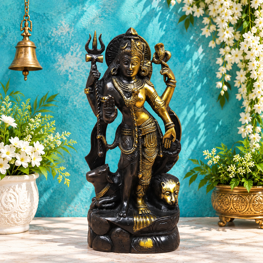 Brassaura® Ardhanarishvara Standing Idol with Black & Golden Finish | Pure Superfine Brass Handcrafted Murti | Brass Statue for Home Temple, Pooja Room | Height 13 Inches | Weight 5 Kgs