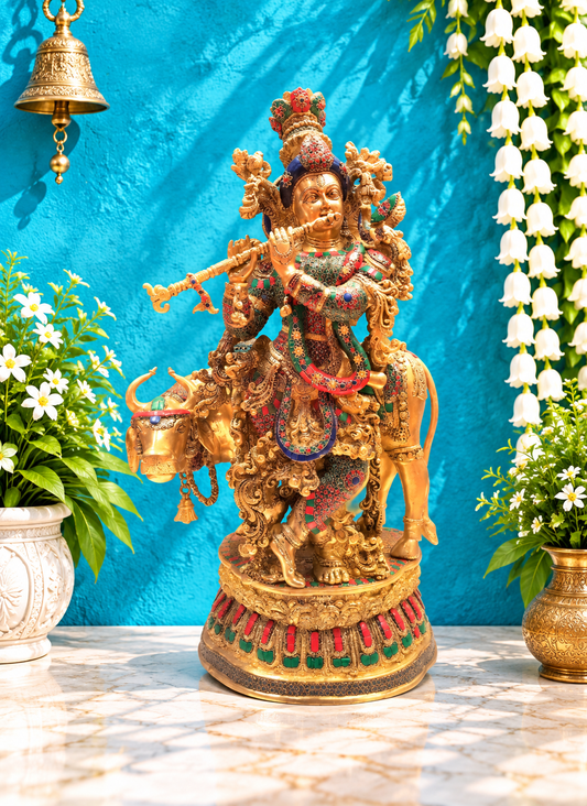 ब्रासोरा® वृंदावन वेणुगोपाल कृष्ण पीतल की प्रतिमा मोर के साथ | एंटीक नीला और सुनहरा रंग | ऊँचाई 20 इंच