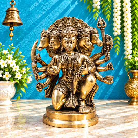Brassaura® Panchmukhi Hanuman Seated Idol with Antique Brass Finish | Pure Superfine Brass Handcrafted Murti | Brass Statue for Home Temple, Pooja Room | Height 11 Inches | Weight 5.98 Kgs