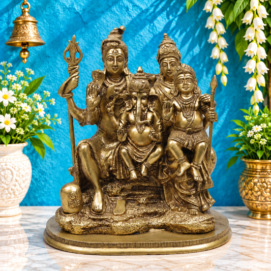 Brassaura® Shiva Family Seated Idol with Golden Finish | Pure Superfine Brass Handcrafted Murti | Brass Statue for Home Temple, Pooja Room | Height 12 Inches | Weight 8.9 Kgs