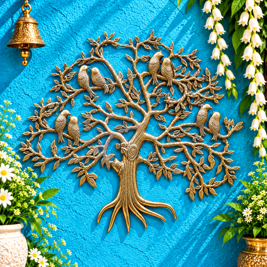 Brassaura® Antique Brass Tree Sculpture with Perched Birds | Pure Superfine Brass Handcrafted Murti | Brass Statue for Home Temple, Pooja Room | Height 23 Inches | Weight 5.8 Kgs