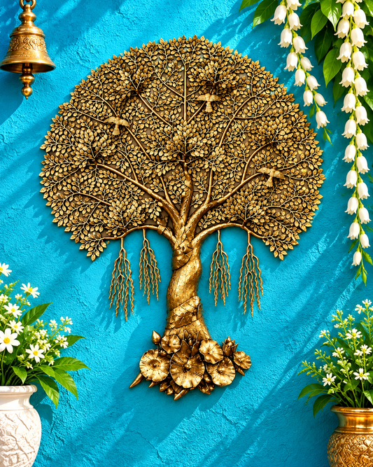 Brassaura® Ornate Golden Kalpavriksha Tree of Life Wall Hanging from Brassaura® | Pure Brass Handcrafted Wall Décor | Intricate Leaf & Root Design | Height 72 Inches | Weight 48.5 Kgs
