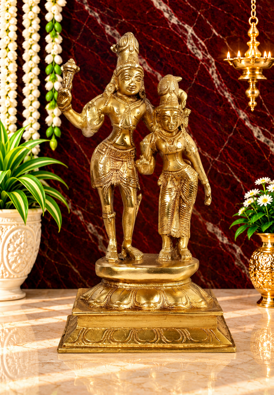 Brassaura® Brass Standing Shiva Parvati Statue with Traditional Golden Brass Finish | Pure Superfine Brass Handcrafted Murti | Brass Statue for Home Temple, Pooja Room | Height 9 Inches | Weight 1.8 Kgs