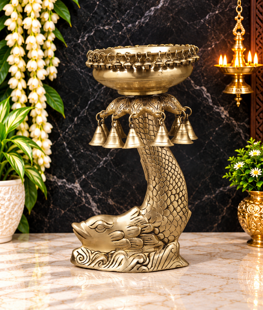 Brassaura® Brass Fish Urli with Golden Brass Finish | Pure Superfine Brass Handcrafted Murti | Brass Statue for Home Temple, Pooja Room | Height 16.5 Inches | Weight 7.48 Kgs