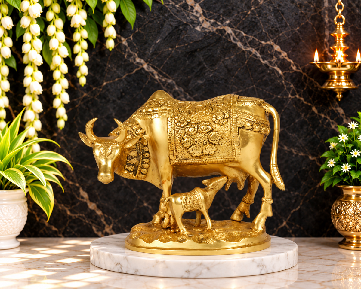 Brassaura® Brass Kamdhenu Cow & Calf Idol – Height 9.2 Inches & Weight 2.8 Kgs | Temple Room & Worship Accent