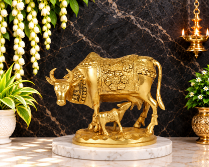 Brassaura® Brass Kamdhenu Cow & Calf Idol – Height 9.2 Inches & Weight 2.8 Kgs | Temple Room & Worship Accent