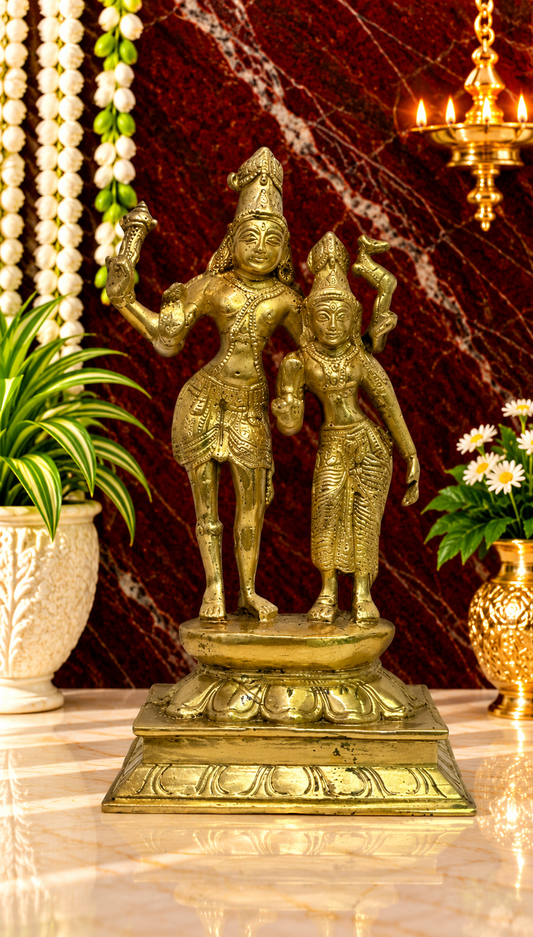 Brassaura® Brass Standing Shiva Parvati Statue with Traditional Golden Brass Finish | Pure Superfine Brass Handcrafted Murti | Brass Statue for Home Temple, Pooja Room | Height 9 Inches | Weight 1.8 Kgs