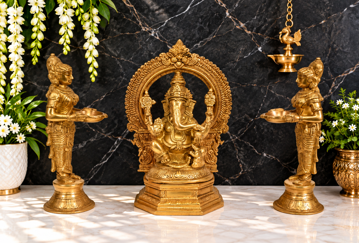 Brassaura® Brass Ganesha with Deep Lakshmi Idol with Traditional Brass Finish | Pure Superfine Brass Handcrafted Murti | Brass Statue for Home Temple, Pooja Room | Height 10 Inches | Weight 6.3 Kgs