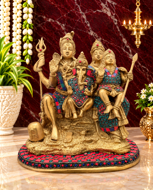 Brassaura® Brass Shiv Parivar Statue with Traditional Golden Brass Finish & Decorative Stonework | Pure Superfine Brass Handcrafted Murti | Brass Statue for Home Temple, Pooja Room | Height 11.5 Inches | Weight 10 Kgs