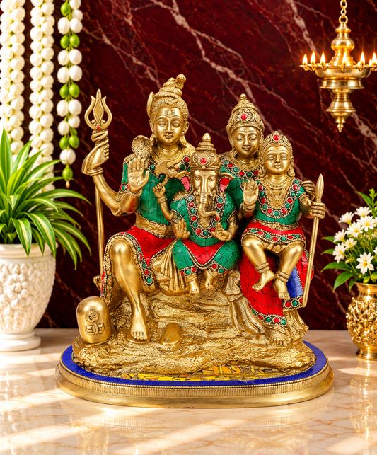 Brassaura® Brass Shiv Parivar Statue with Traditional Golden Brass Finish & Decorative Stonework | Pure Superfine Brass Handcrafted Murti | Brass Statue for Home Temple, Pooja Room | Height 11.5 Inches | Weight 10 Kgs