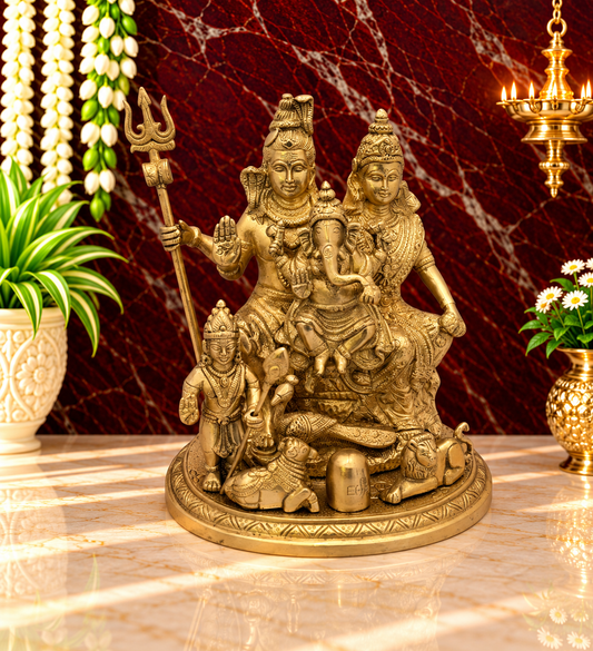 Brassaura® Brass Shiv Pariwaar Statue with Traditional Golden Brass Finish | Pure Superfine Brass Handcrafted Murti | Brass Statue for Home Temple, Pooja Room | Height 9.5 Inches | Weight 4.3 Kgs