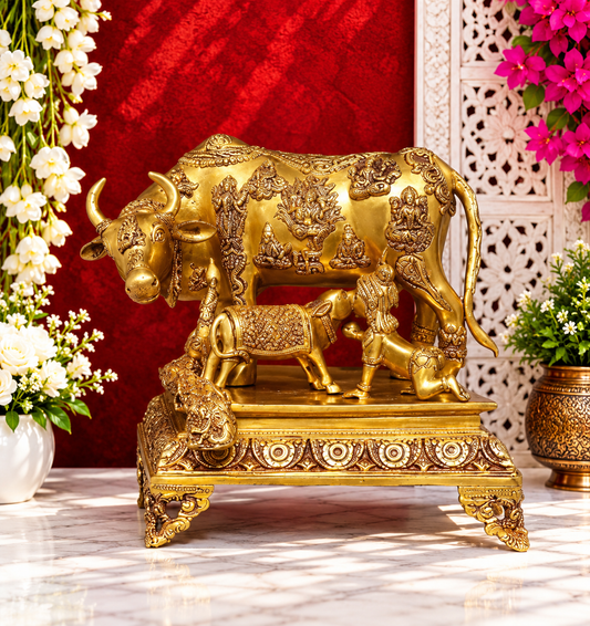 Brassaura® Brass Kamadhenu Cow Statue with Antique Gold Polish & Intricate Engraving | Pure Superfine Brass Handcrafted Murti | Brass Statue for Home Temple, Pooja Room | Height 13 Inches | Weight 16.26 Kgs
