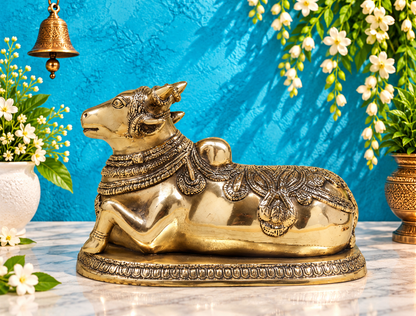 Brassaura® Brass Nandi Statue | 7.5 Inches Height | 5.88 Kgs Weight | Elegant Golden Finish