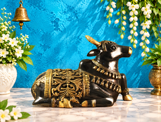 Brassaura® Black & Antique Gold Carved Nandi Brass Statue | Sacred Vehicle of Lord Shiva | Height 18 Inches & Weight 17 Kgs