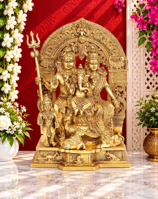 Brassaura® Brass Shiv Pariwaar Statue with Traditional Golden Brass Finish | Pure Superfine Brass Handcrafted Murti | Brass Statue for Home Temple, Pooja Room | Height 12 Inches | Weight 6.8 Kgs
