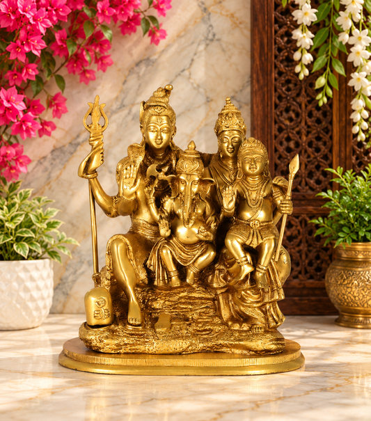 Brassaura® Brass Shiv Parivar Statue with Traditional Handcrafted Finish | Pure Superfine Brass Handcrafted Murti | Brass Statue for Home Temple, Pooja Room | Height 12 Inches | Weight 9 Kgs