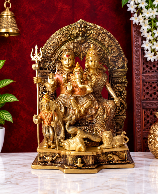 Brassaura® Sampurna Shiv Parivaar Brass Statue with Antique Golden Finish | Pure Superfine Brass Handcrafted Murti | Brass Statue for Home Temple, Pooja Room | Height 11.6 Inches | Weight 7.91 Kgs