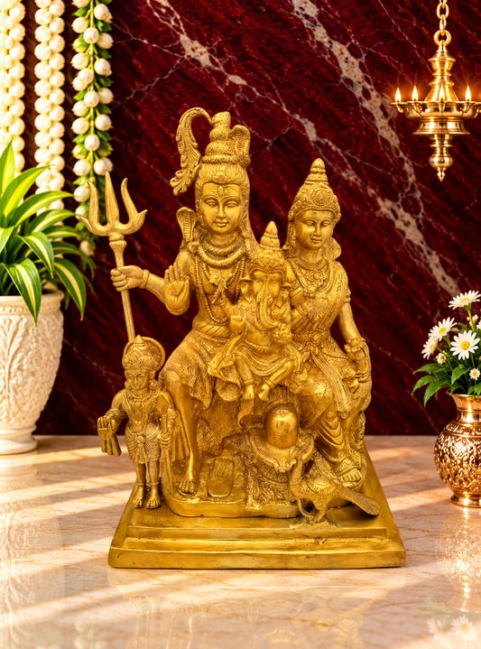 Brassaura® Brass Shiv Parivaar Statue with Golden Butter Brass Finish | Pure Superfine Brass Handcrafted Murti | Brass Statue for Home Temple, Pooja Room | Height 15 Inches | Weight 16 Kgs