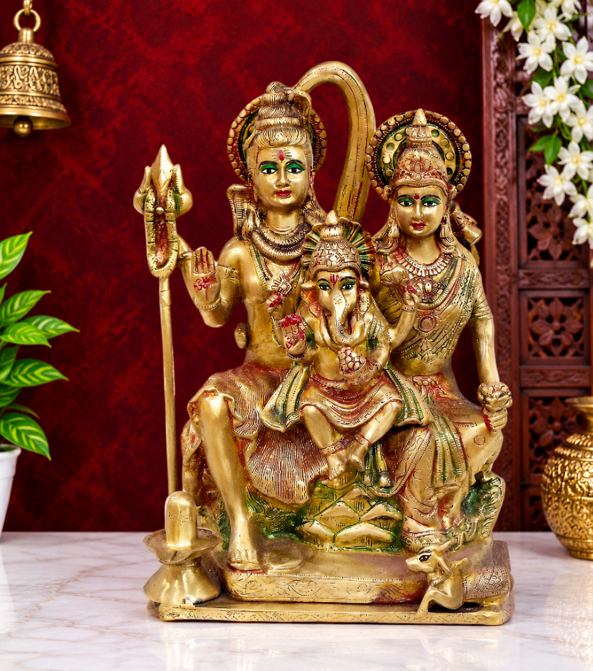 Brassaura® Shiv Parivaar Statue with Shivling and Nandi in Rich Golden Brass Finish | Pure Superfine Brass Handcrafted Murti | Brass Statue for Home Temple, Pooja Room | Height 17.72 Inches | Weight 16.4 Kgs