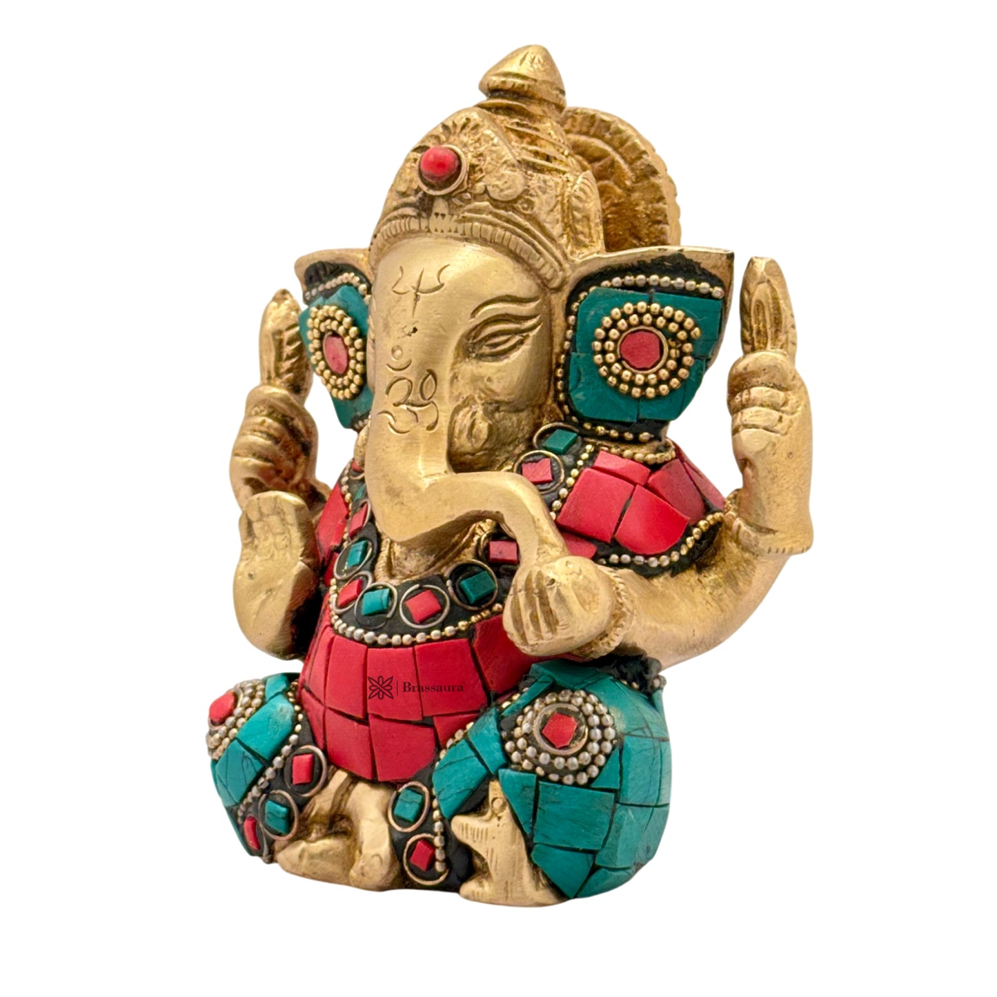 Brass Gem Stone Work Appu Ganesha Statue for Home Decor Weight 860 Gram Height 16 cm