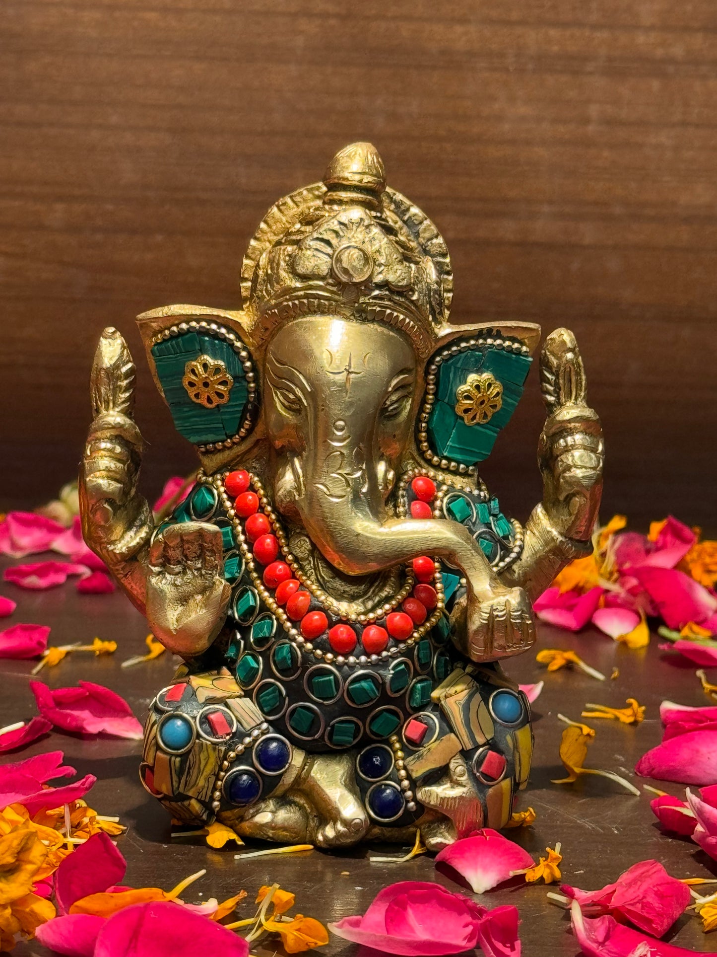 Brass Gem Stone Work Appu Ganesha Statue for Home Decor Weight 860 Gram Height 16 cm
