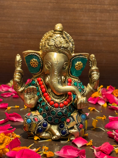 Brass Gem Stone Work Appu Ganesha Statue for Home Decor Weight 860 Gram Height 16 cm