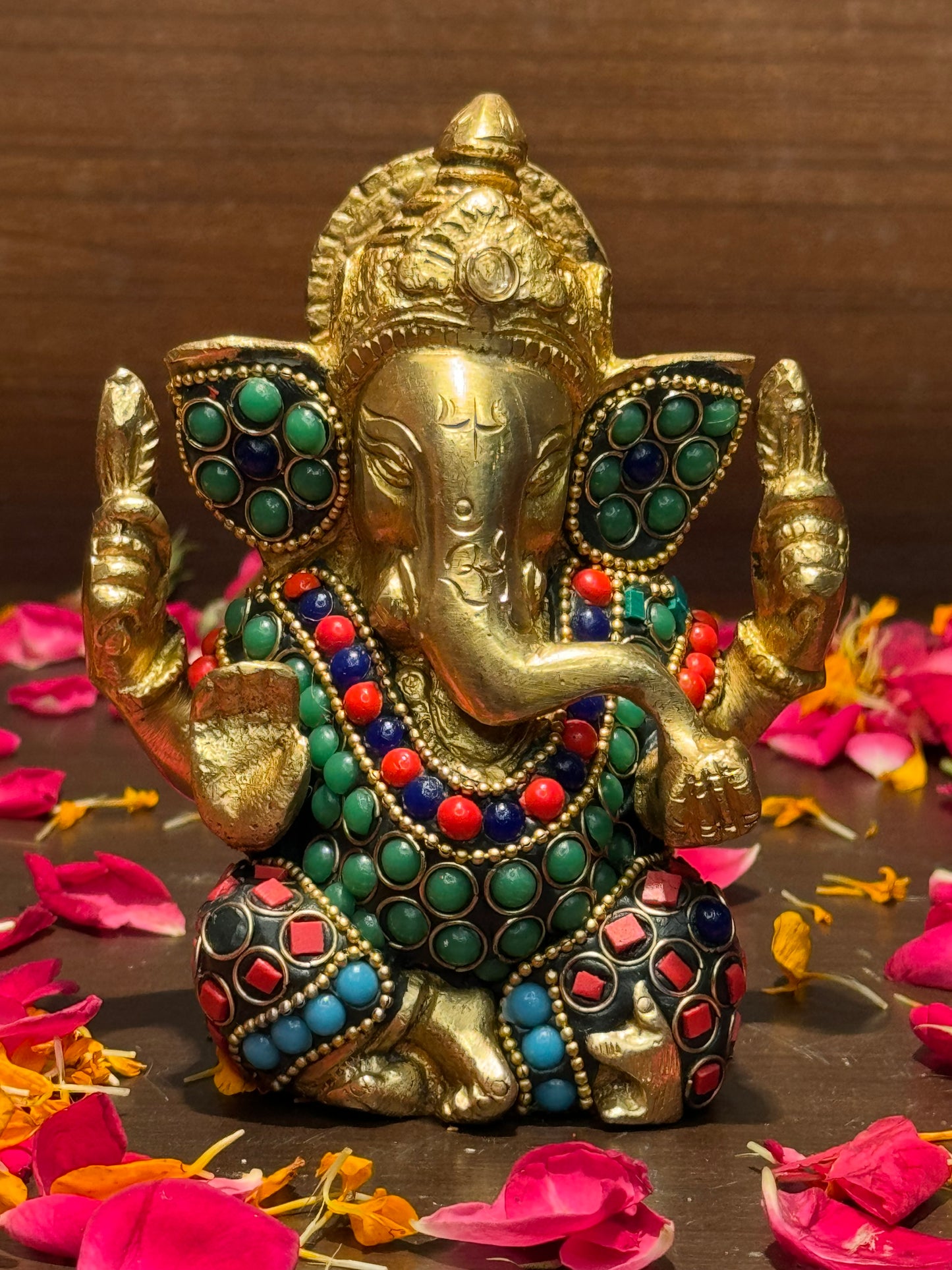 Brass Gem Stone Work Appu Ganesha Statue for Home Decor Weight 860 Gram Height 16 cm