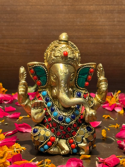 Brass Gem Stone Work Appu Ganesha Statue for Home Decor Weight 860 Gram Height 16 cm