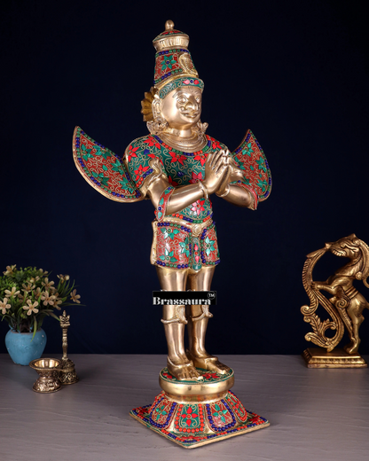 Handcrafted Brass Garuda Statue with Meenakari Artwork – Height 22 Inches, Weight 12.5 Kgs