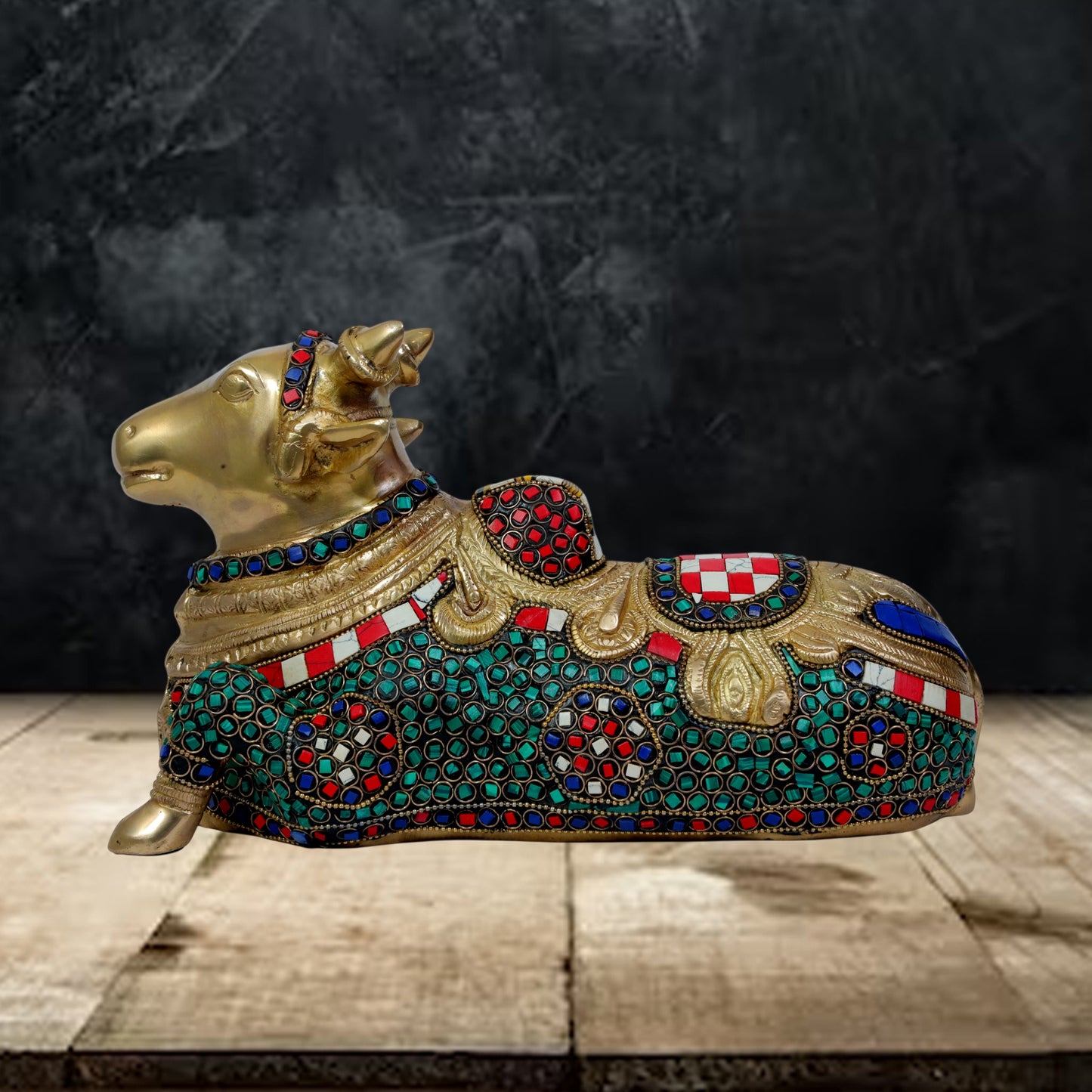 Brass Gem Stone Work Nandi Cow Weight 3.6 KG Height 11 cm