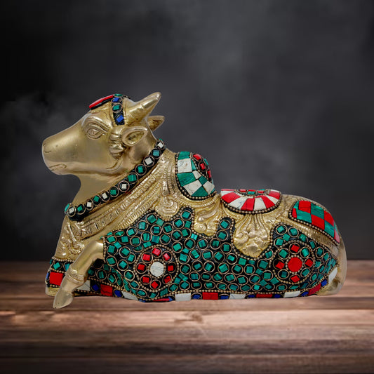 Brass Gem Stone Work Nandi Cow Weight 1.92 KG Height 18 cm