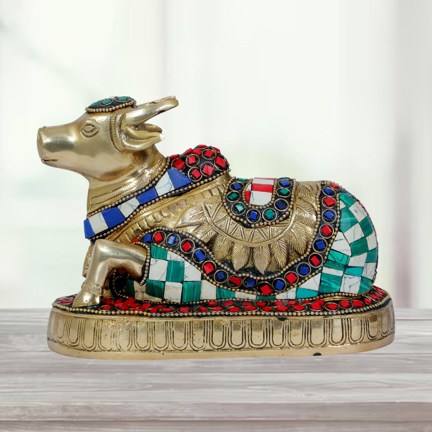 Brass Gem Stone Work Nandi Cow Weight 1.6 KG Height 17 cm