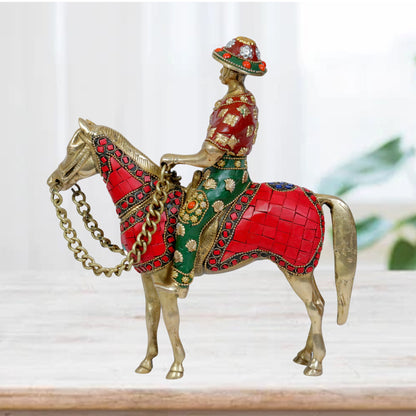 Brass Gem Stone Work Horse with Rider Home and Decor Weight 3.25 Kg Height 30 cm