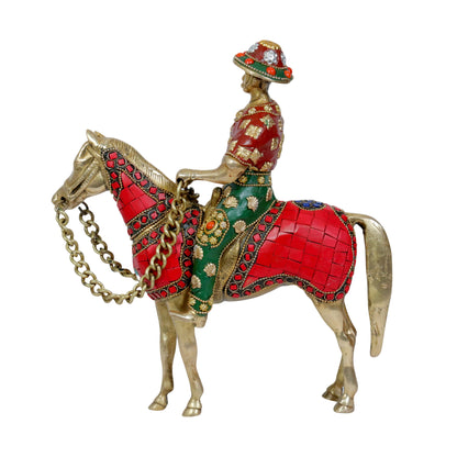 Brass Gem Stone Work Horse with Rider Home and Decor Weight 3.25 Kg Height 30 cm