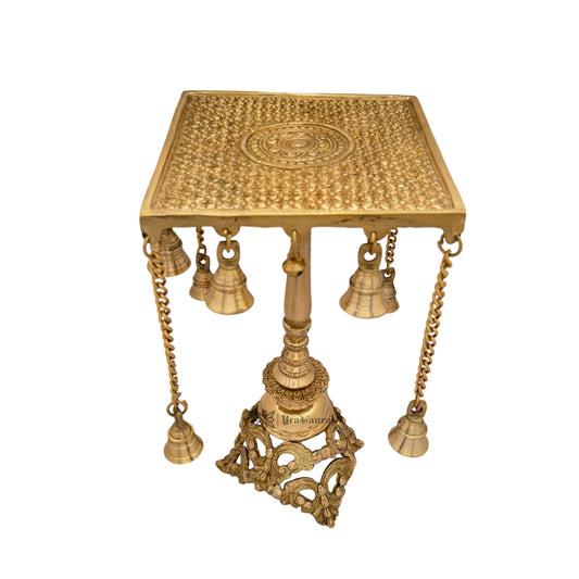 Brassaura™ Brass Pooja Chowki With Hanging Bells – Height 16 Inches & Weight 5 Kgs | Artistic Pooja Room Décor