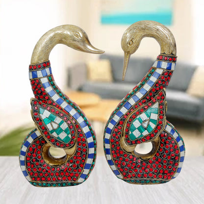 Brass Swan Pair Gem Stone Work Statue Home and Decor Weight 5.15 Kg Height 28 cm