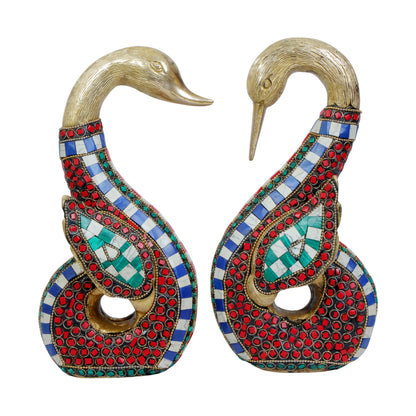 Brass Swan Pair Gem Stone Work Statue Home and Decor Weight 5.15 Kg Height 28 cm