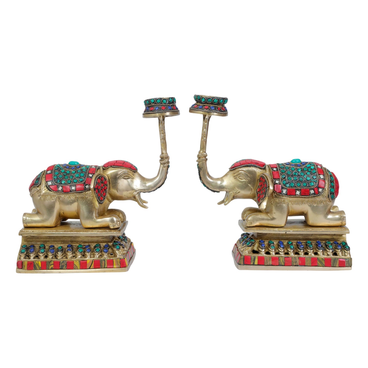 Brass Gem Stone Work Elephant Pair for Home and Decor Weight 5.25 Kg Height 26 cm