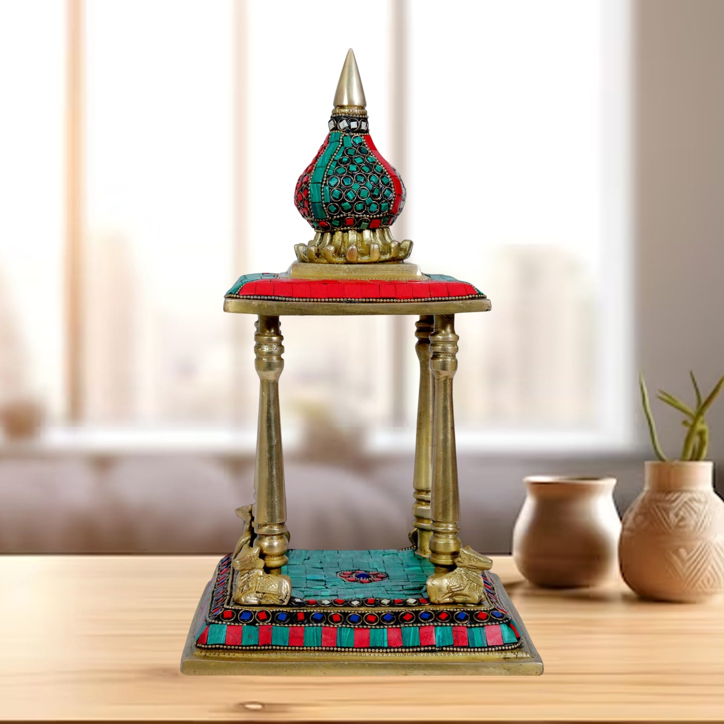 Brass Gem Stone Work Temple Statue for Home and Decor Gifts Weight 4.3 Kg Height 25 cm