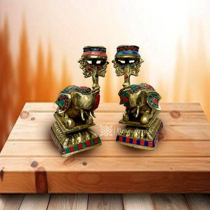 Brass Gem Stone Work Candle Holder on Elephant Trunk Pair Set Fengsui Vastu Hathi for Good Luck Height 8 Inch 5 Kg Weight