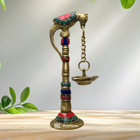 Brass Gem Stone Work Parrot Diya for Home and Decor Weight .4 Kg Height 21 cm