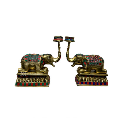 Brass Gem Stone Work Candle Holder on Elephant Trunk Pair Set Fengsui Vastu Hathi for Good Luck Height 8 Inch 5 Kg Weight